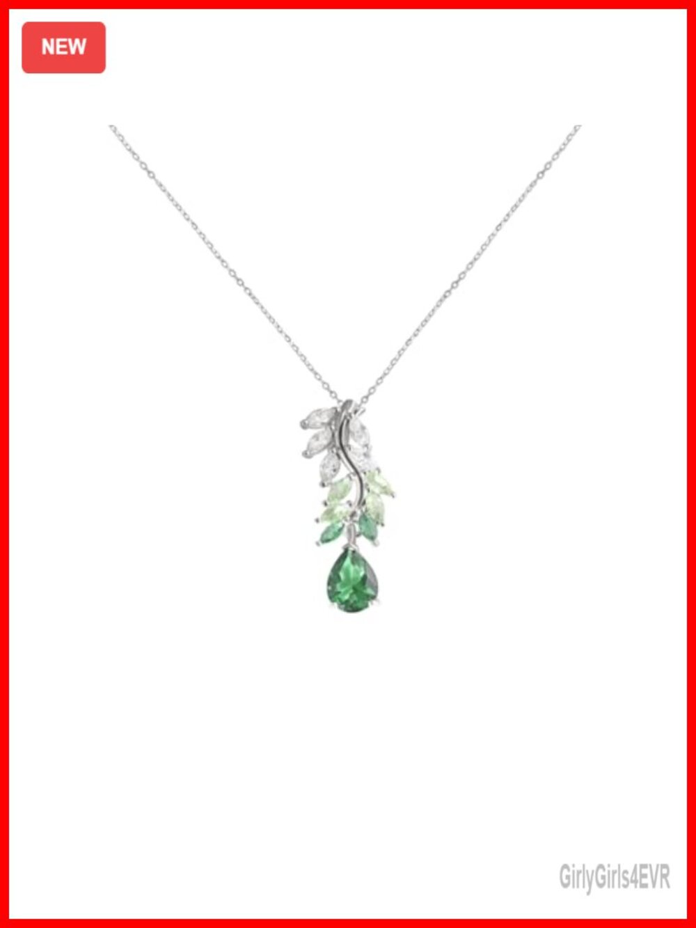 925 Sterling Silver White Gold Plated Green Gemstone Pendant Necklace
